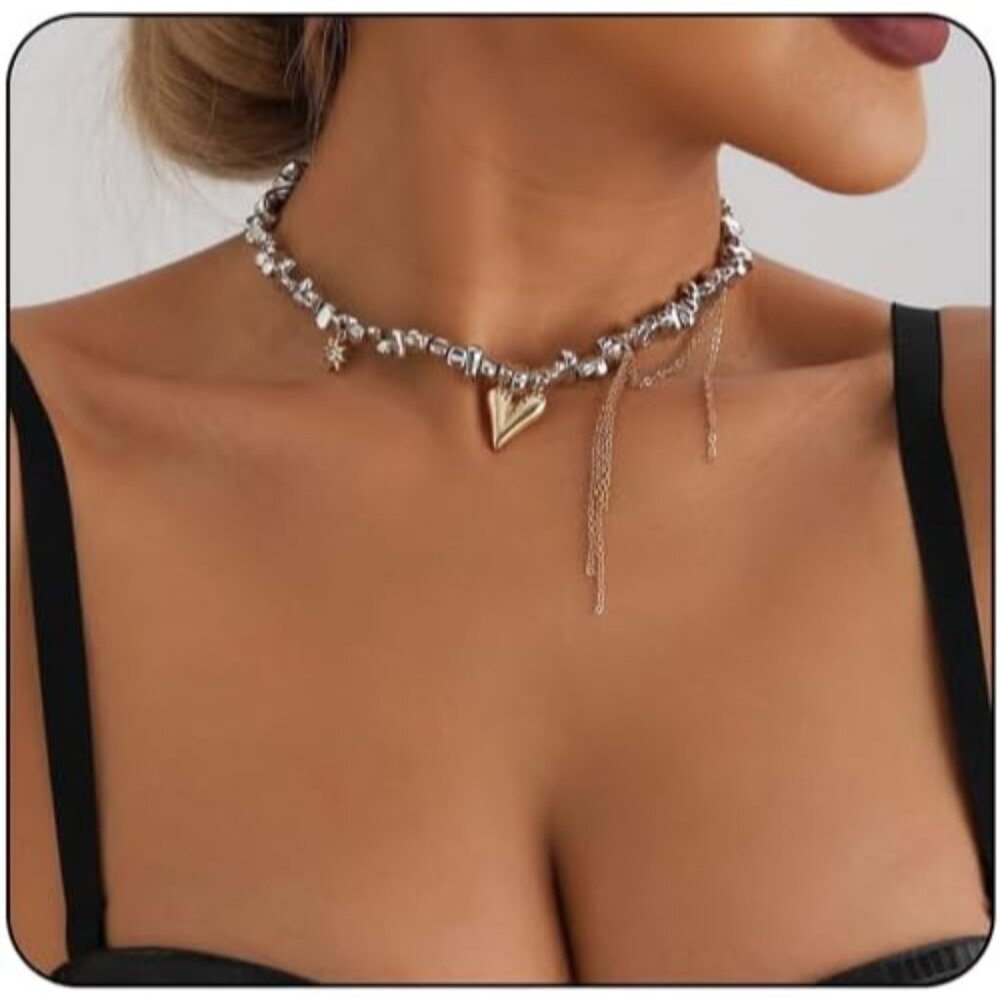 Gold and Silver Heart Charm Layered Choker Necklace